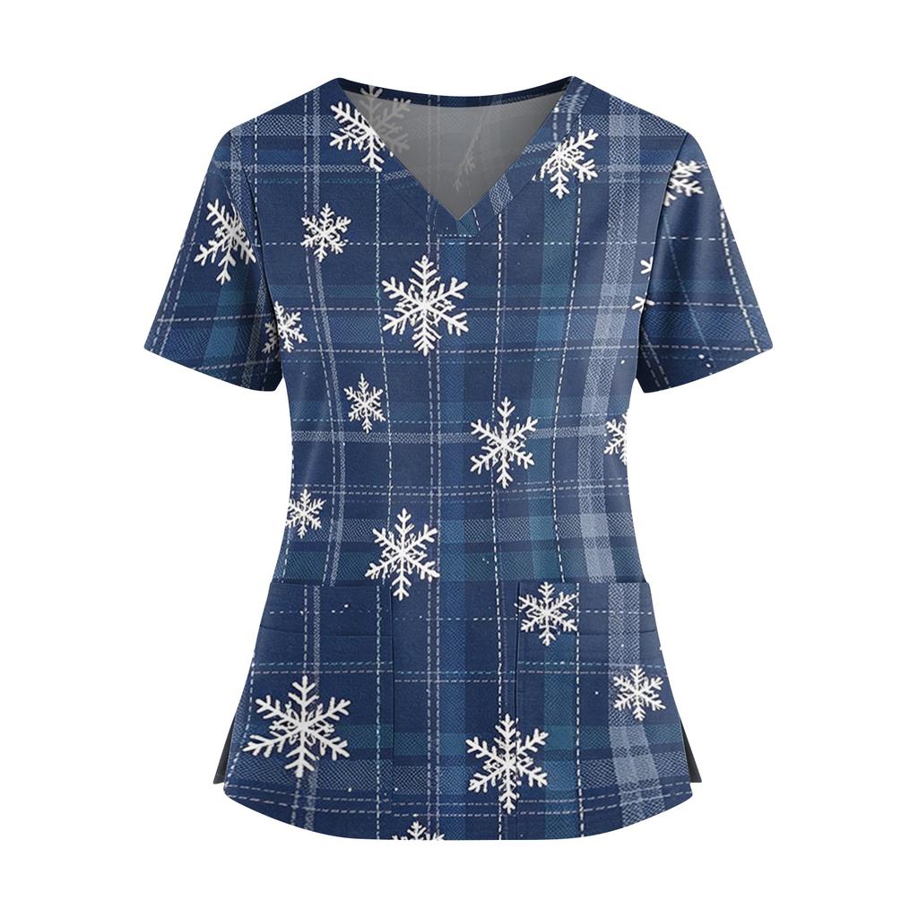 Damen Weihnachtliches V-Ausschnitt Kurzarm Kasack mit Doppeltaschen und Seitenschlitzen Pflegekraft Uniform