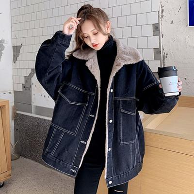 Denim Vadderad Jacka Dam Lös Höst och Vinter Senhöst Plus Sammet Tjock Lammull Vadderad Jacka Dam