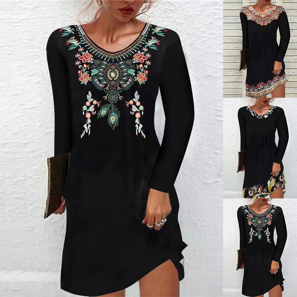 

Женское повседневное платье миди с длинным рукавом с цветочным принтом