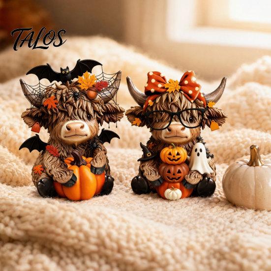 Country Home Ornament 2PCS Highland Cow Ornament, Wooden Rustic Style Figurine, Thanksgiving Figurines Theme Wood Art, for Entrance Living Room Decor