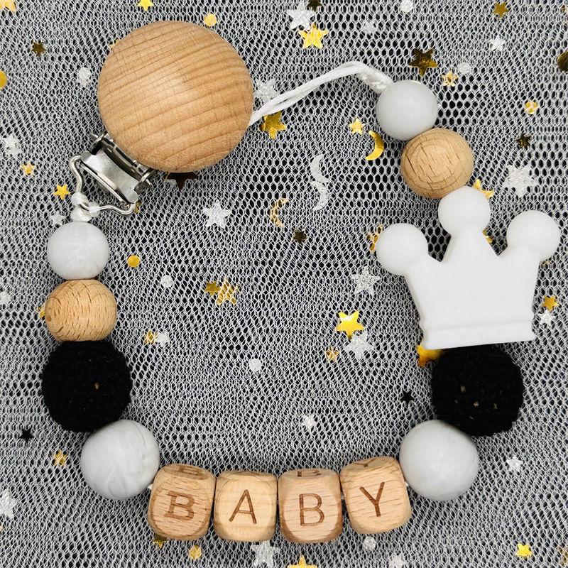 Individueller Personalisierter Name Handgefertigt Buchenholz Schnullerclip Halter Kette Silikon Krone Perle Beißring Baby Zahnen Geschenk