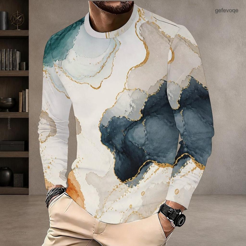 Men Plus Size Round Neck Long Sleeve Abstract Printed Casual Pullover T Shirt