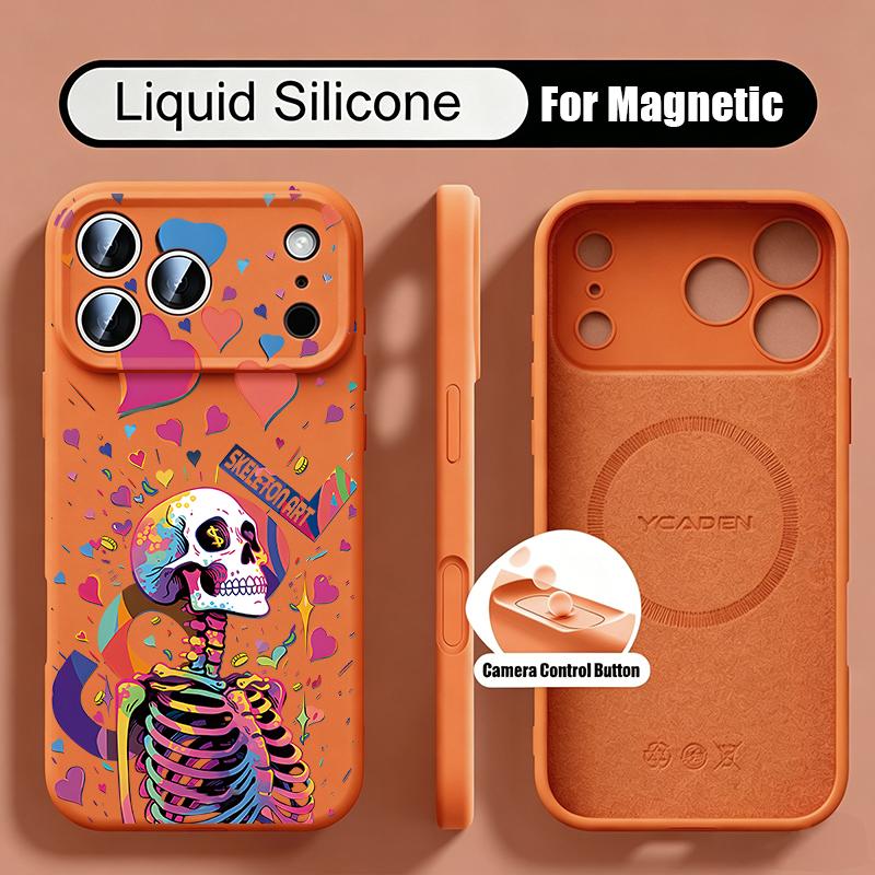 Colorful Skeleton Pattern Case For iPhone 17 Pro Max Magnetic For Magsafe Liquid Silicone Cover For iPhone 16 15 14 13 Pro Max