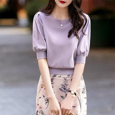 Spring Autumn Solid Casual Lightweight Knitwear Womens Short Sleeve Sweaters Tee Pullover Tops Loose Elasticity Shirts Crewneck