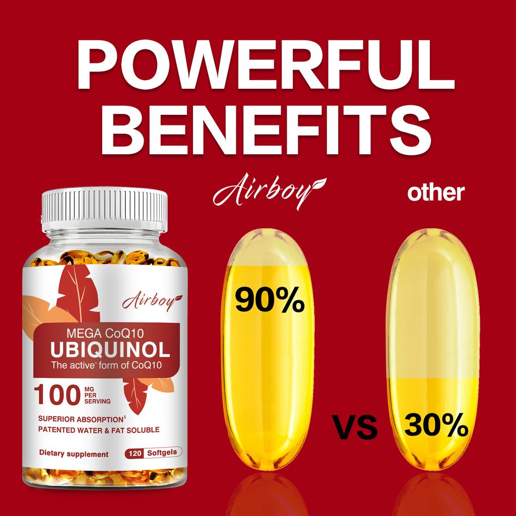 Airboy Ubichinol CoQ10 100mg Weichkapseln 120 Stück — Tägliches Wohlbefinden, Antioxidativer Schutz, Nährstoffunterstützung