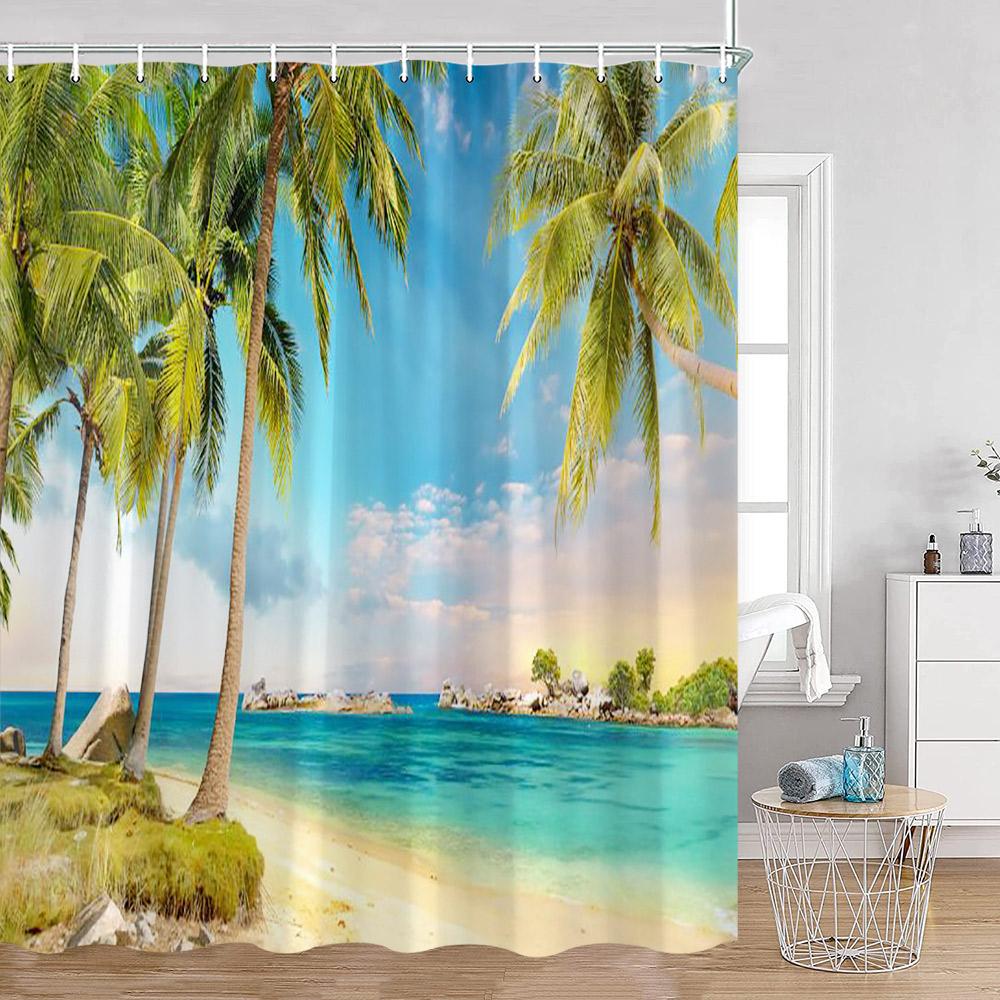 Evropské zahradní sprchové závěsy Pobřežní balkon Mořská krajina Ostrov Barevné květiny Koupelnová dekorace Květinový polyesterový koupelnový závěs