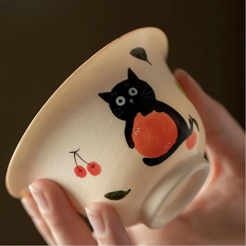 New Hand Painted Orange Cat Gaiwan Cute Ladies Tea Bowl Heat Resistant Kung Fu Tea Set Brewing Cup Exquisite Household Tea Set