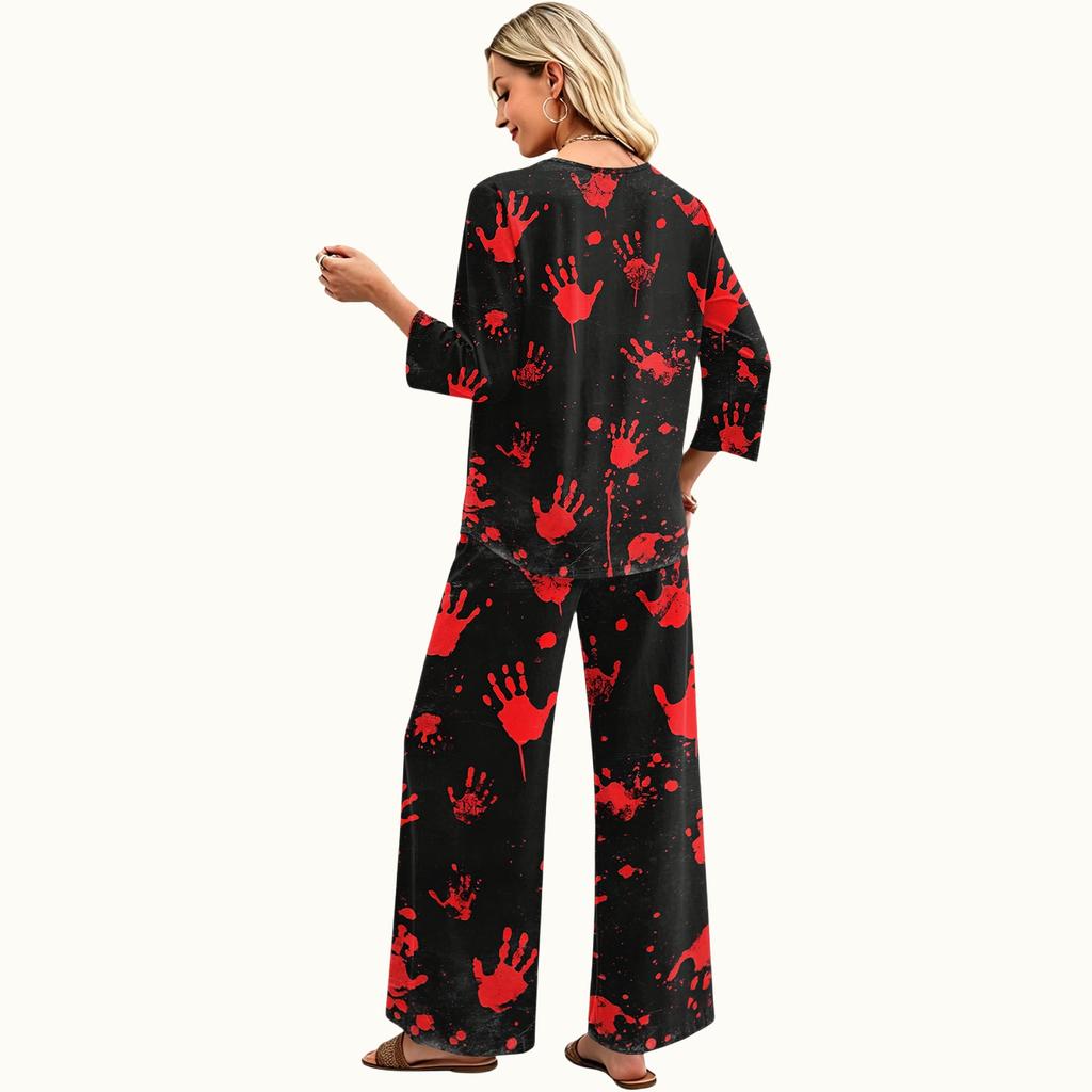 Women's Casual Two Piece Outfit Round Neck Loose Fit 3/4 Sleeve Top and Pants Set for Everyday Wear