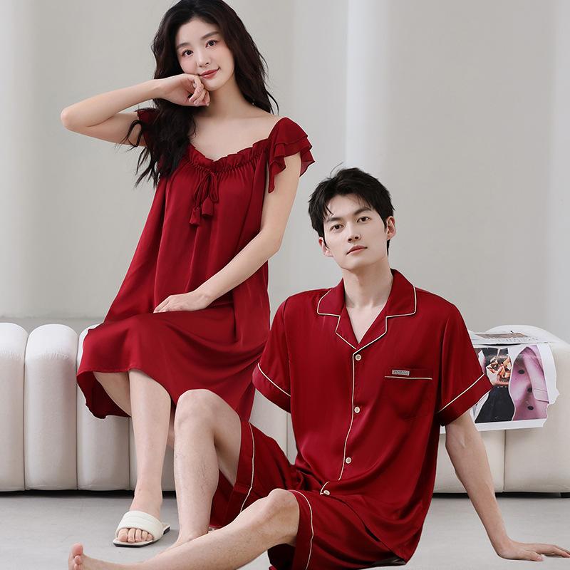 Couple Pajamas Female Summer Princess Wind Ice Silk Pajamas Wedding Red Suit Festive Gift Men's Loungewear