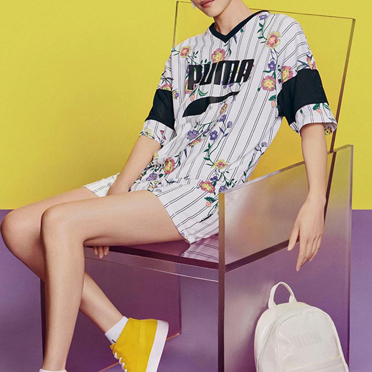 Puma Casual Sports Floral Print V-Neck Short Sleeve Dress Women Dress White 597464-02