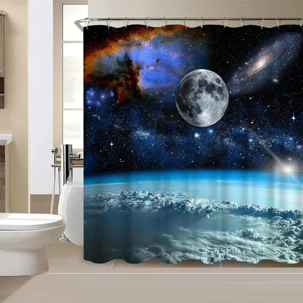 Starry Space Shower Curtain Blue Galaxy Shower Curtains Nebula Waterproof Polyester Fabric For Bathtub Bath Room Decor With Hook