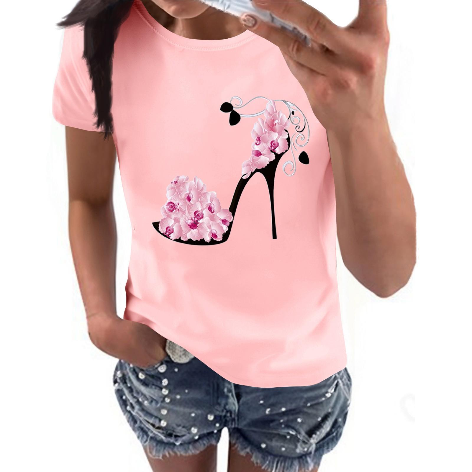 

Женские повседневные туфли на высоком каблуке с цветочным принтом, повседневная футболка с коротким рукавом, пуловер с круглым вырезом, топ с коротким рукавом XS розовый