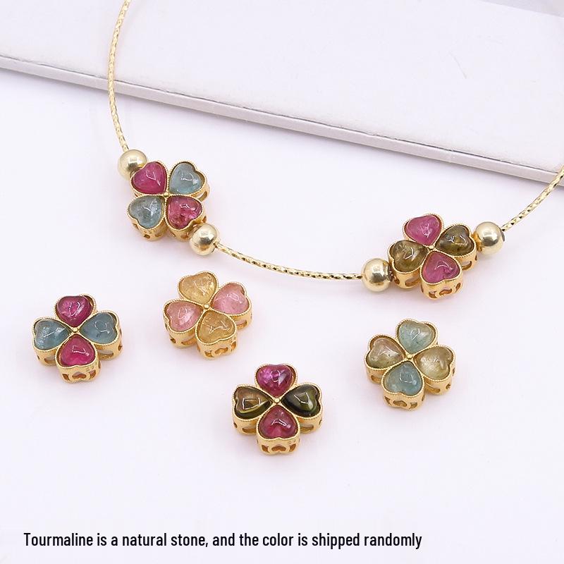 

S925 Sterling Silver Tourmaline Four-Leaf Clover Spacer Beads with Gold-Tone Candy Color Petals