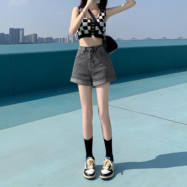 

Women s High-Waisted Cuffed Denim Shorts, Summer Style, Trendy Loose A-Line Wide-Leg Fit XXL темно-серого