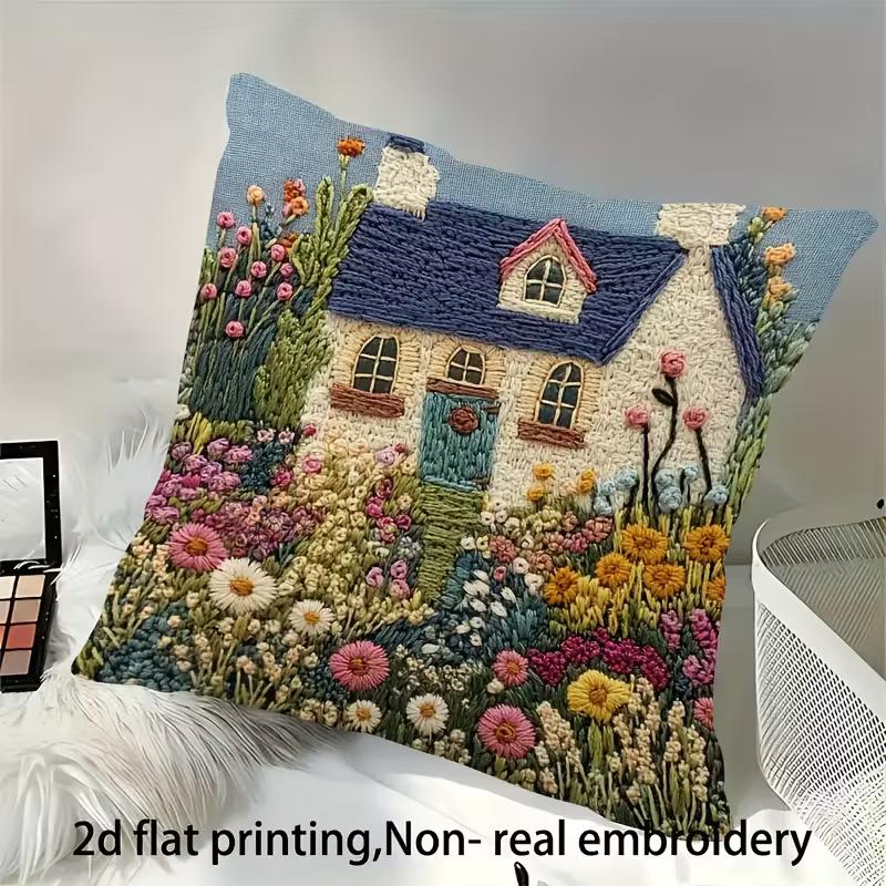 Retro color printing pillowcase: 2D flat printing, non-real embroidery, night sofa, night sofa cushion