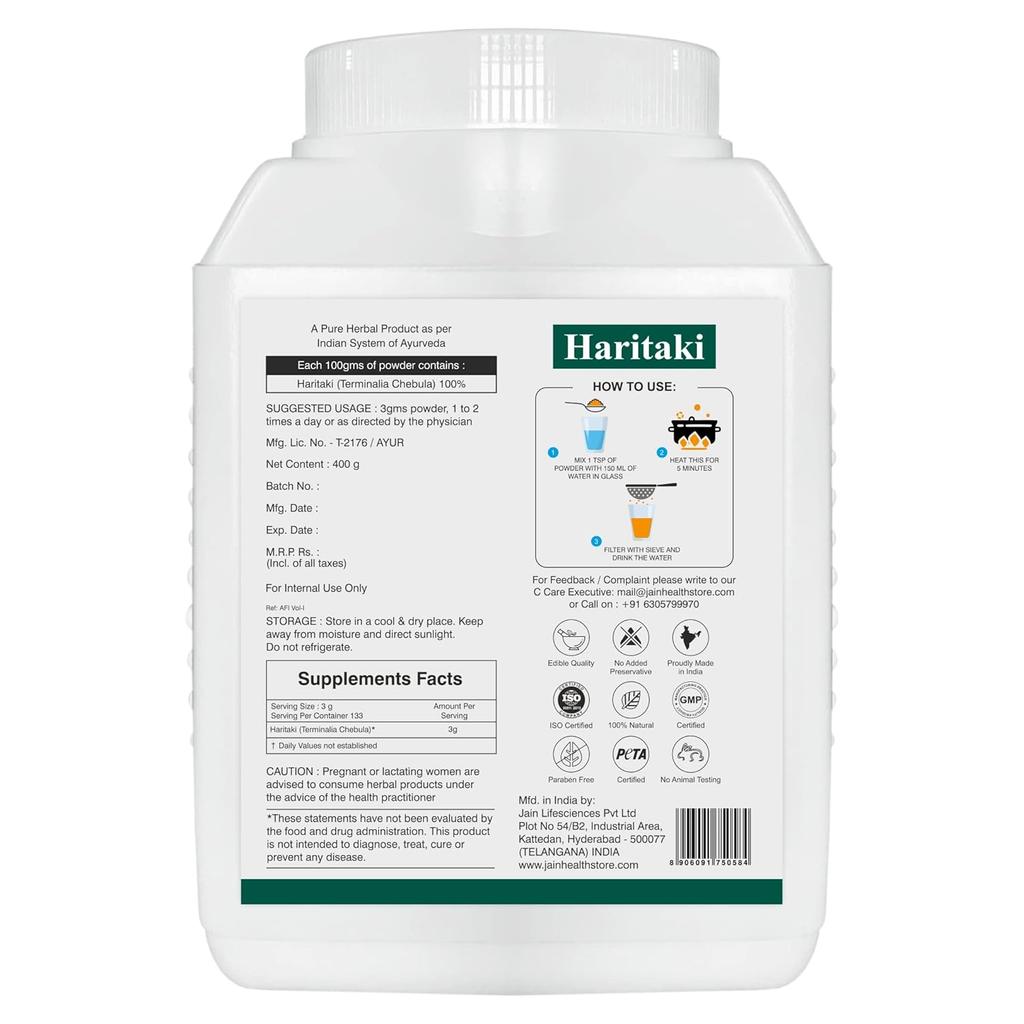 Jain Haritaki Powder 400g Pack Natural Digestive Aid Detoxifier Weight Management Support