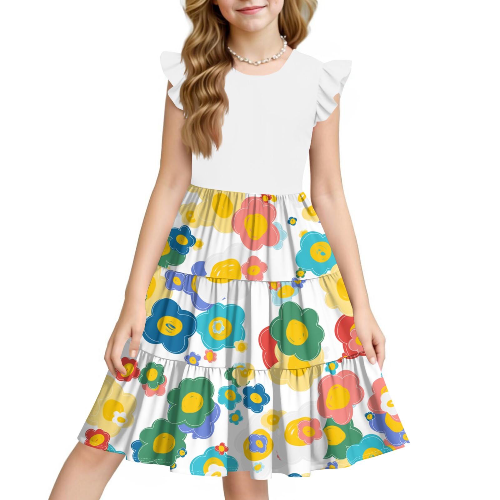 

Летнее детское платье для девочек с цветочным принтом, повседневное милое платье принцессы с круглым вырезом 160 жёлтый