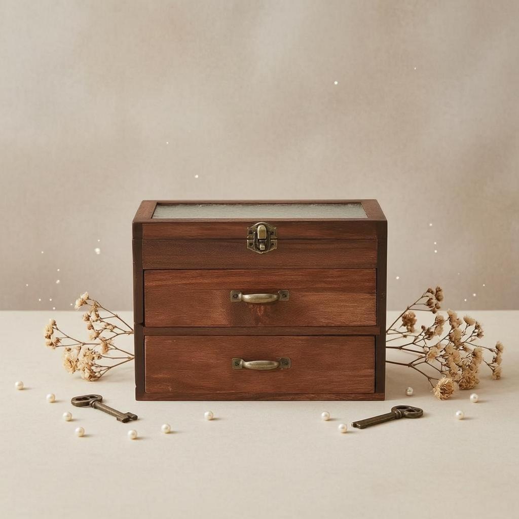 Jewelry Box with Drawers Embossed Floral Pattern Glass Upper Classic Keepsake