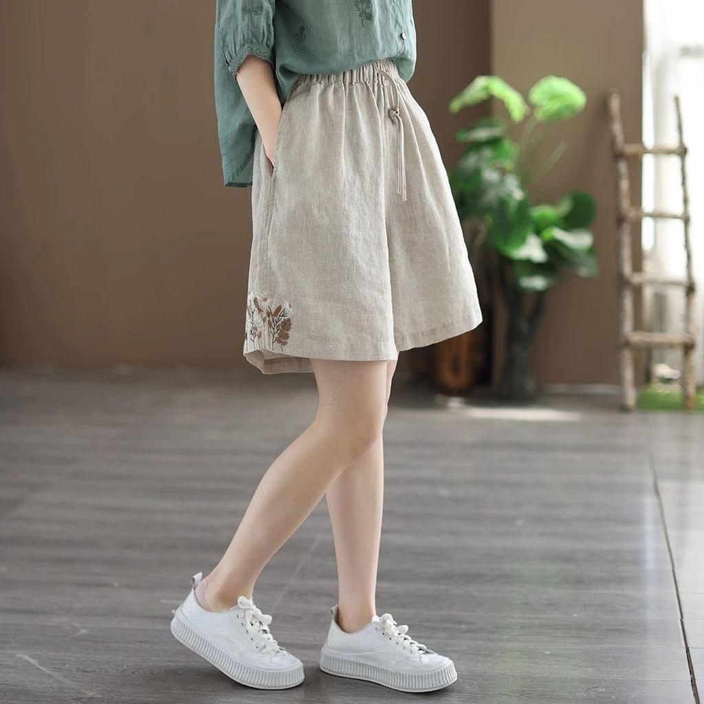 Women's High Waist Embroidered Shorts Breathable Literary Retro Cotton Linen Casual Pants