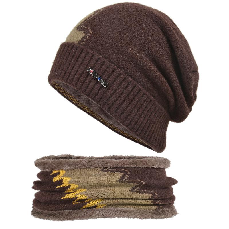 Autumn and Winter Knitted Hat Men's Fleece-lined Warm Scarf Set Sleeve Cap Colorblock All-Matching Woolen Cap