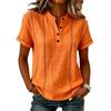 Camicetta da donna Henley a maniche corte con cuciture a contrasto, azzurro chiaro, top casual con bottoni sul davanti, scollatura rotonda, tinta unita