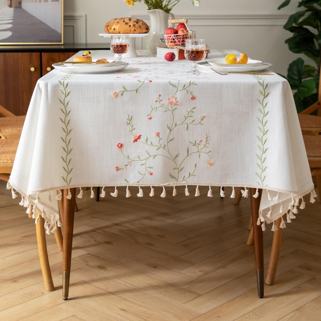 Amazon Nordic Embroidered Table Cloth Plant Flower American Decorative Rectangular Table Dust Tablecloth