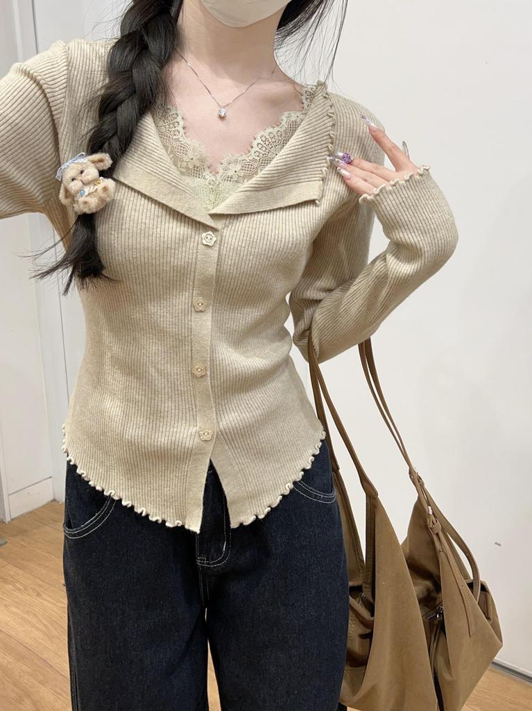 Women's High-End French Style Lace Spliced V-Neck Ruffle Trim Knit Cardigan Sweater