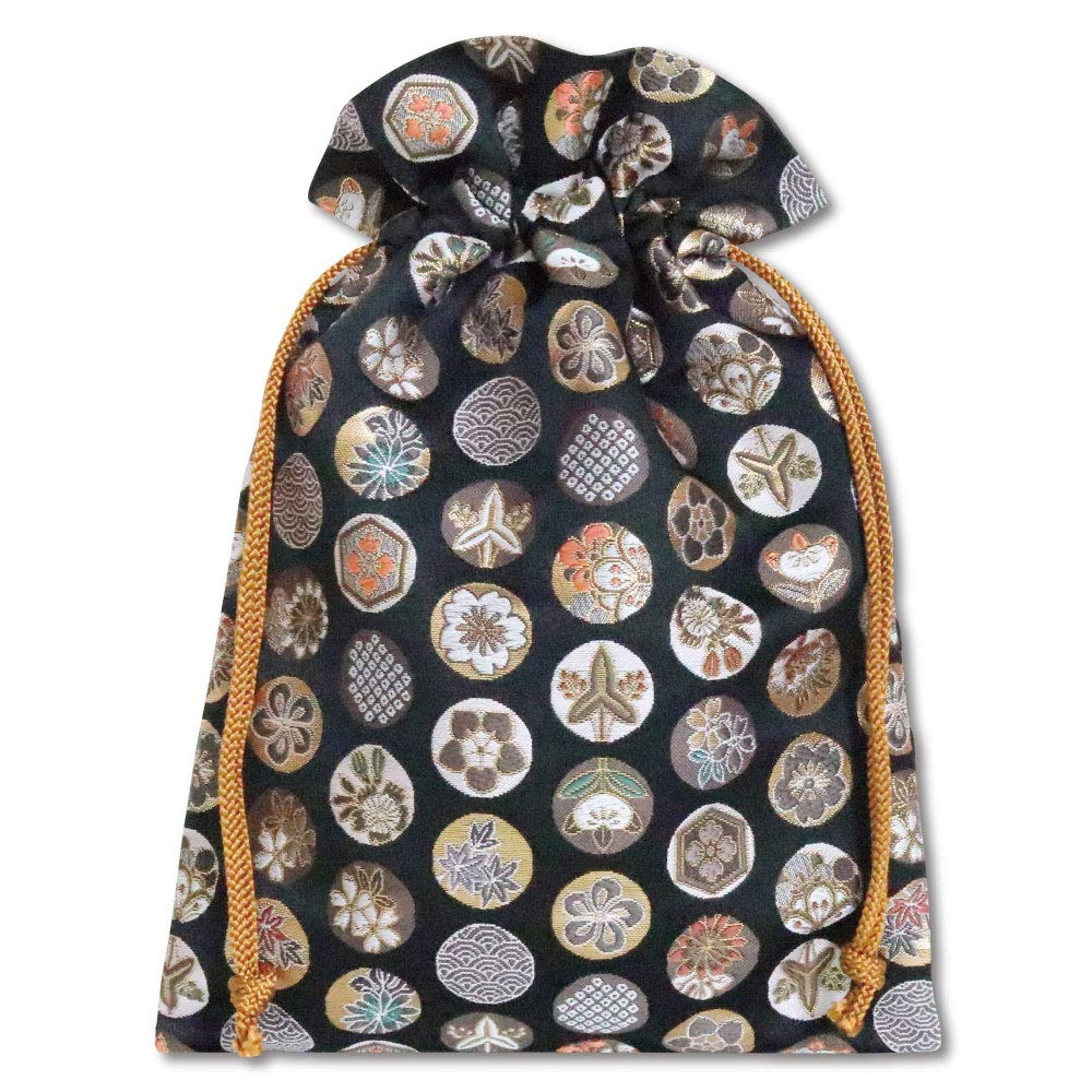 Мешочек с кулиской из золотой парчи Нисидзин-ори (Черный Круглый Цветочный Узор)