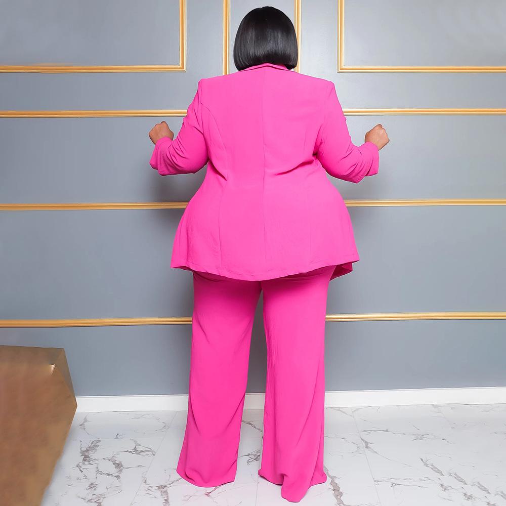 European & American Plus Size Women's Professional Casual Two-Piece Set - Long Sleeve Top & Pants with Tie