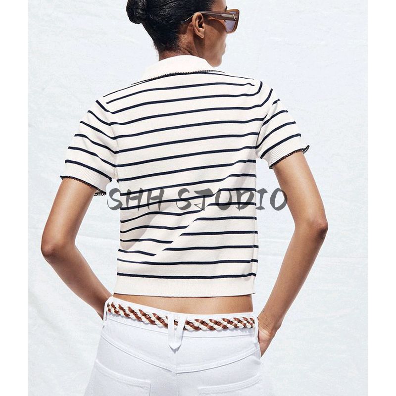 Summer Women's Clothing Preppy Style Color Contrast Patchwork Trim Short Sleeve Lapel Casual Knitting Tops 2142040