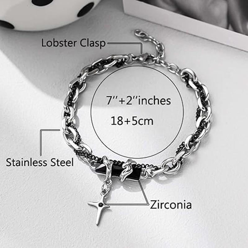 Cross Bracelet For Men Women Silver Stainless Steel Chunky Thick Black White Zirconia Layered Bracelet Faith Easter Jewelry