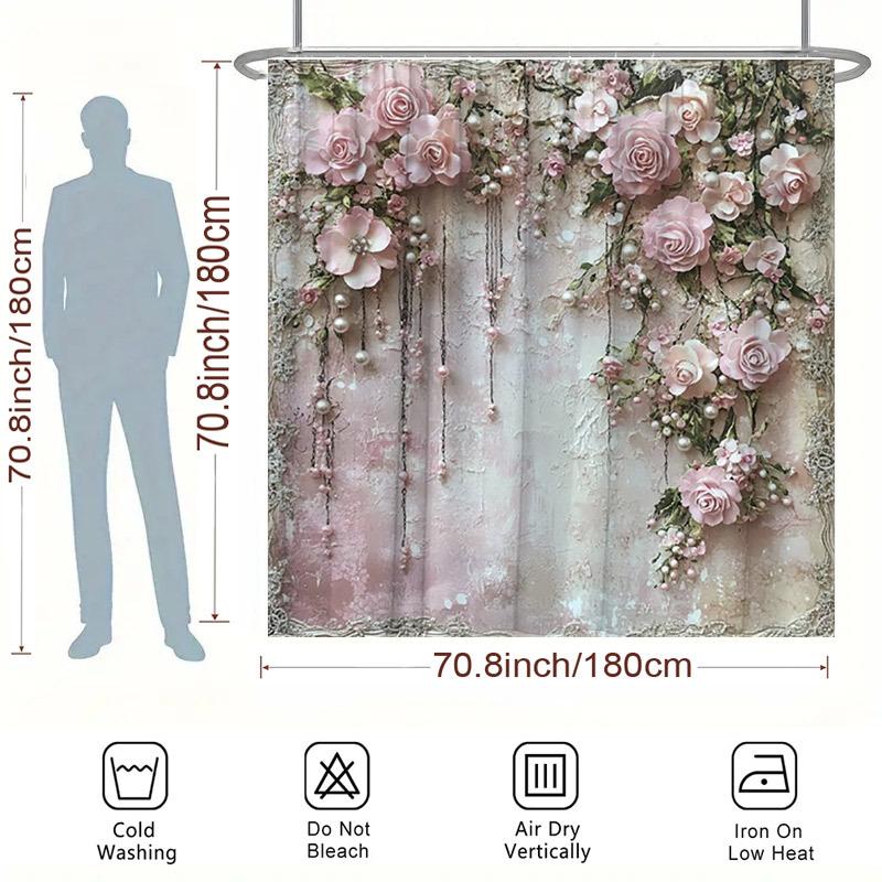 1pz Tenda da Doccia Rosa Antica - Perline Delicate e Foglie Verdi, Poliestere Beige Texturizzato, Lavabile, Elegante Decorazione per Bagno