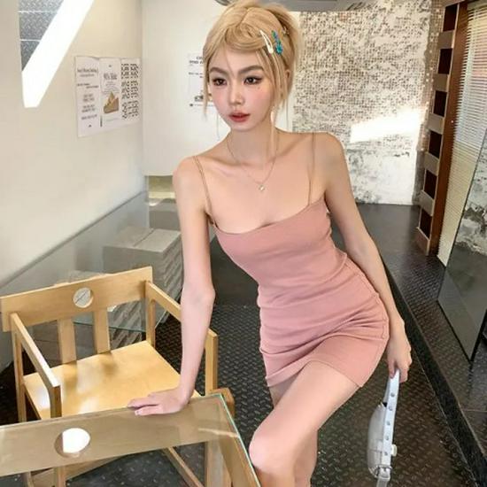 Pink Spicy Chic French Spaghetti Strap Dress - Women's Elegant Slim Fit