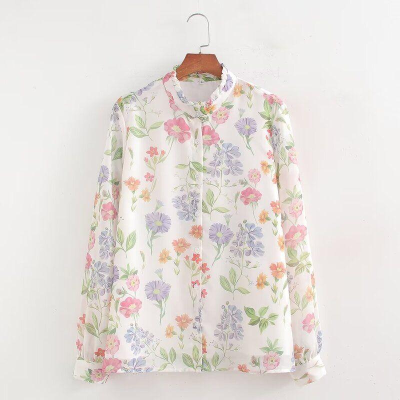 

Fashion Style 2024 Summer New Arrival Fashion Women s Fashion Clothing Casual Easiest for Match Printed Chiffon Long Sleeves Stand Collar Shirt Purple L