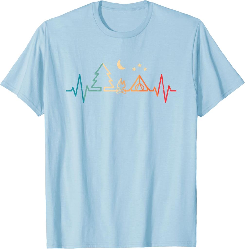 Retro Camping Heartbeat Nature Camper Hiking Men Boys TShirt