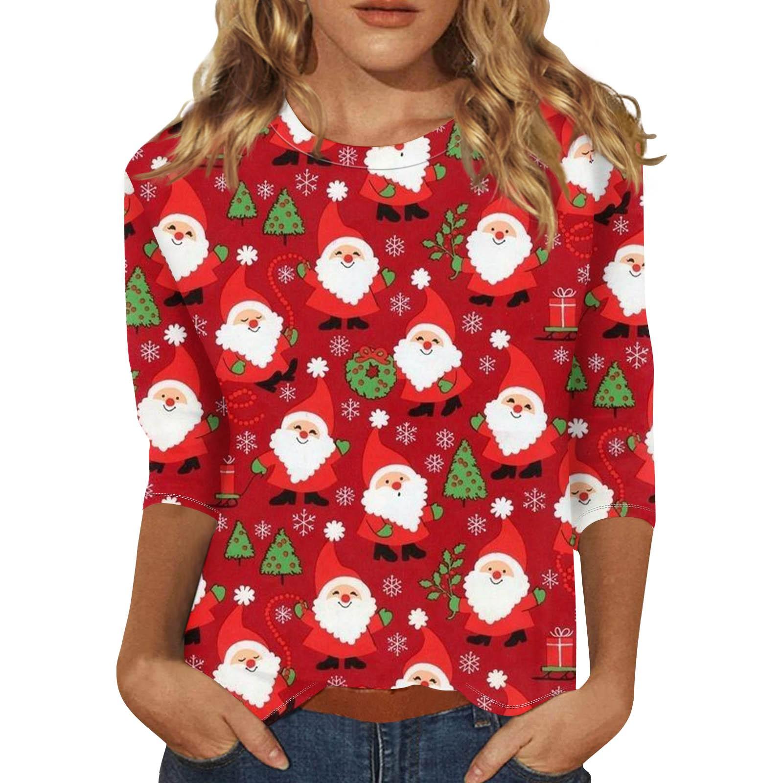 

Женская мода повседневная рубашка с круглым вырезом и рождественским принтом, семь рукавов S киноварь