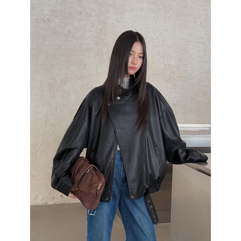 

Ge Ming Retro Stand-Up Collar Diagonal Zipper Leather Jacket - Autumn Long Sleeve Top One Size (90-140) чорний