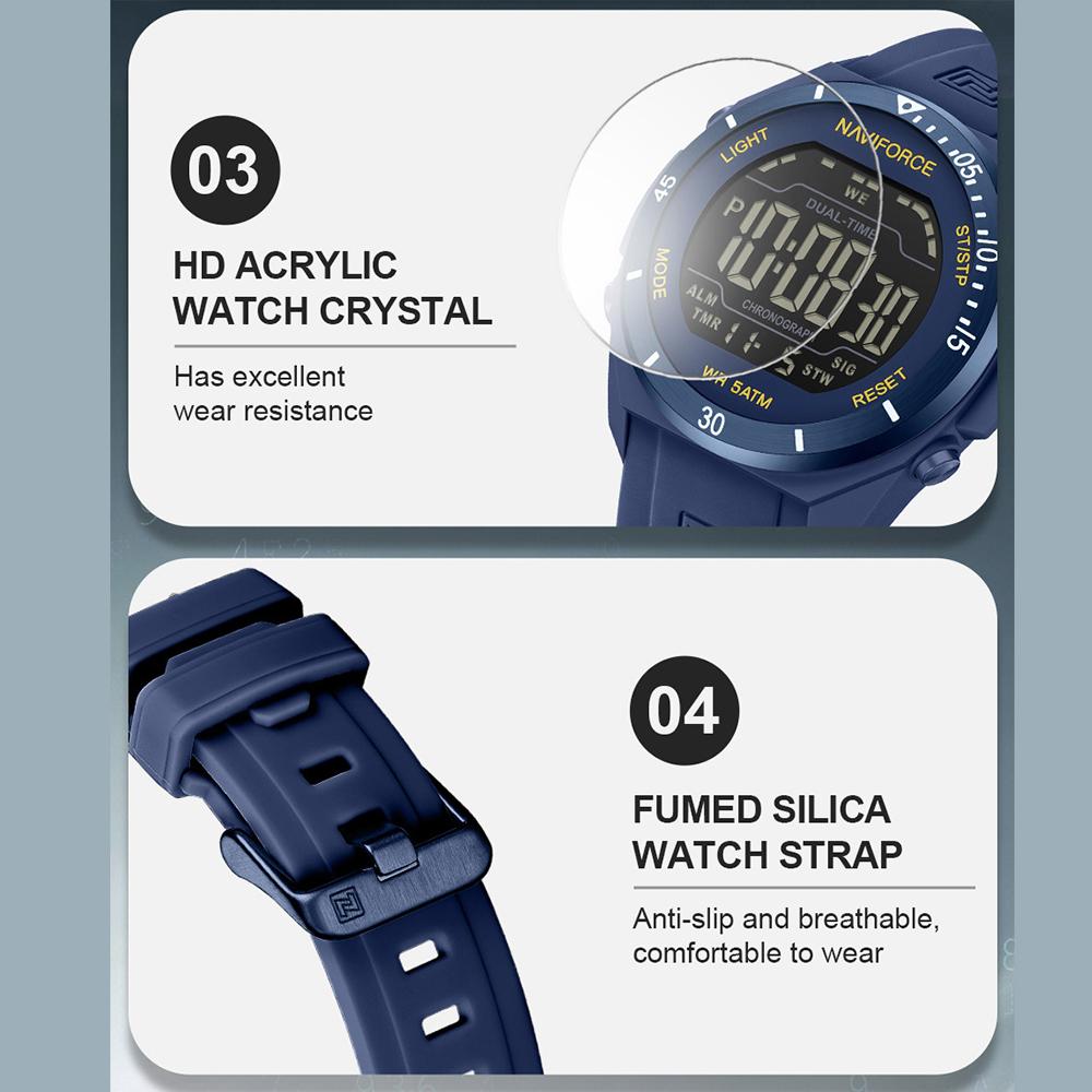 NAVIFORCE Original DIgital Watch Men LCD Display Calendar Date Chronograph Alarm Night Pattern Silicone Strap Waterproof Boys Watch NF7138