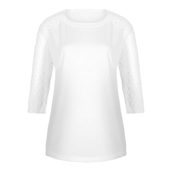 Damen Oberteile Leicht Atmungsaktiv Netzärmel Patchwork-Design Lockere Passform Rundhalsausschnitt 46085 Ärmel