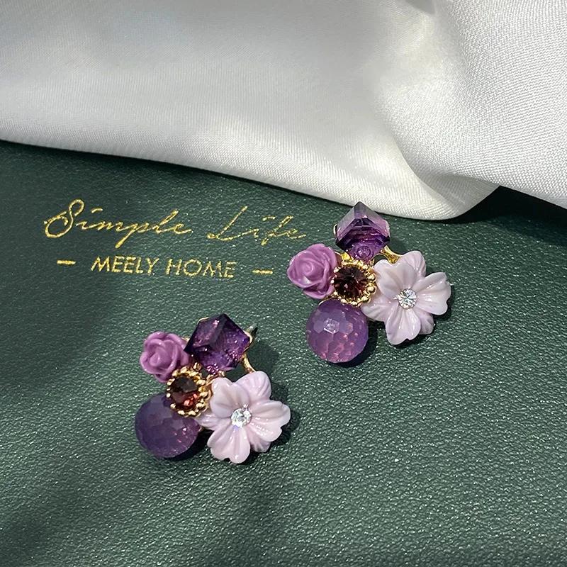 Women Fashion Korean Purple Crystal Flower Earrings Women Tender Wedding Party Anniversary Gift Jewelry Design Pendant Decor