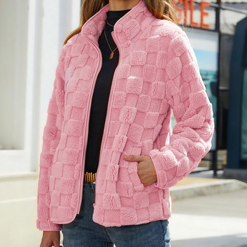 2025 Autumn/Winter New Collection, Women's Wear, Long Sleeve Cardigan, Zipper Jacket, Loose, Solid Color, Checkered Plush Jacket