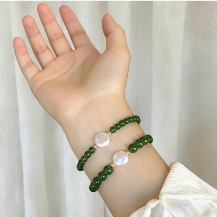 Green Chalcedony & Baroque Freshwater Pearl Adjustable Elastic Bracelet - New Chinese Style Agate Beaded Design