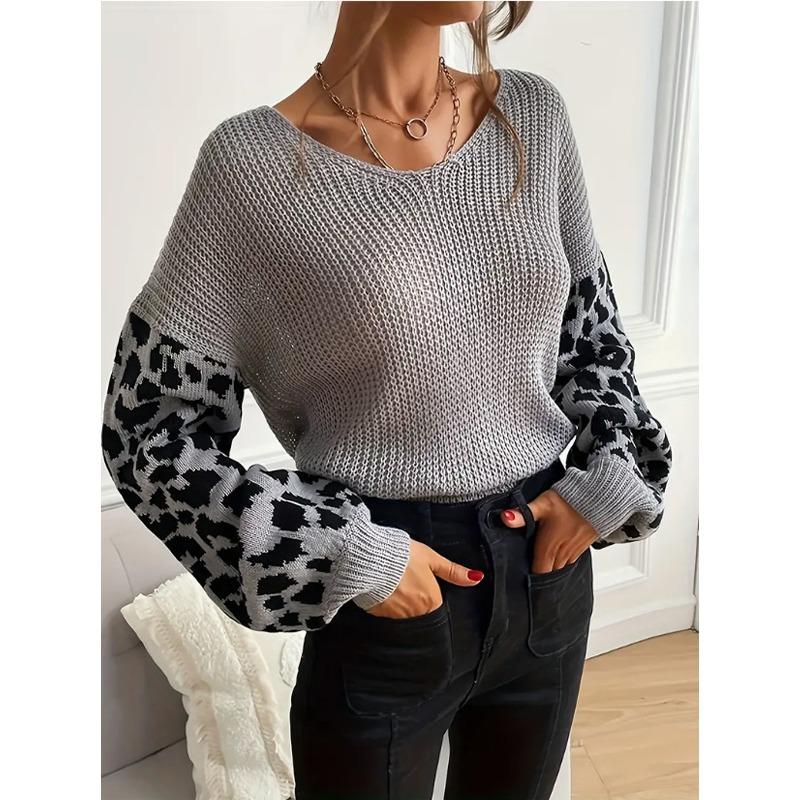 V Neck Loose Long Sleeve Leopard Print Knit Sweater For Women
