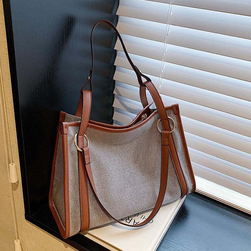 New simple casual large-capacity linen handbag fashion trend contrasting color shoulder bag commuter tote bag
