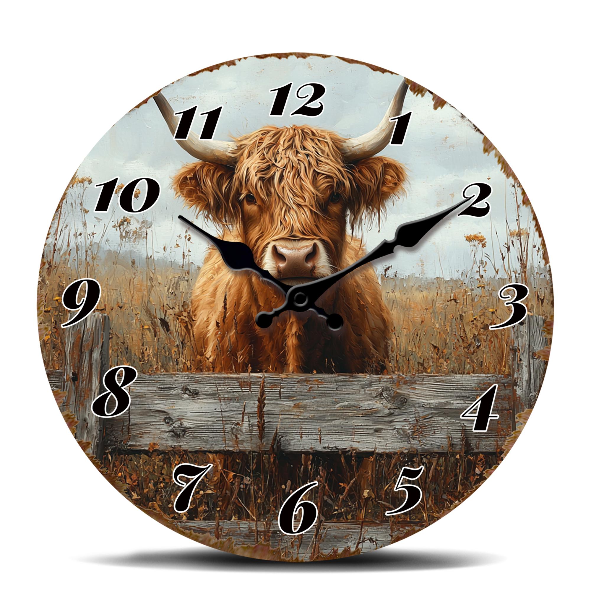 

Countryside Highland Cow Wall Clock, Rustic Field Scene Design, Silent Quartz Analog Farm Decor Clock 10 inch