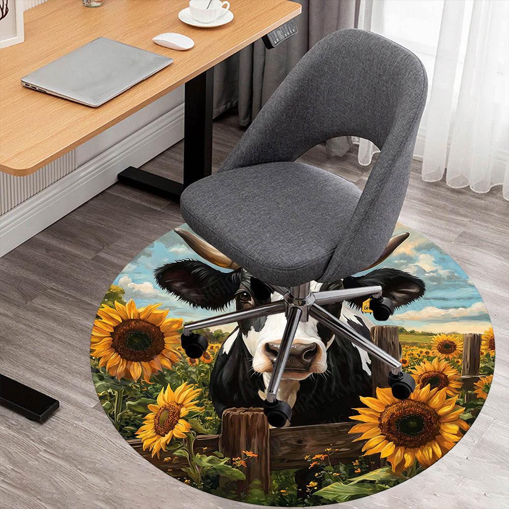 1PC Cow Sunflowers Office Round Area Rug, Under Office Chairs Bedroom Living Room Home Decor, Carpet for Office -1110122