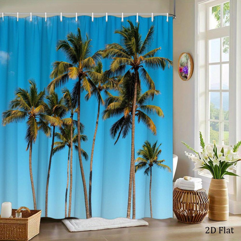 Tropical Palm Tree Shower Curtain Realistic Coconut Trees On Blue Sky, Beach Vibes for Summer Bathroom or Vacation Home Decor