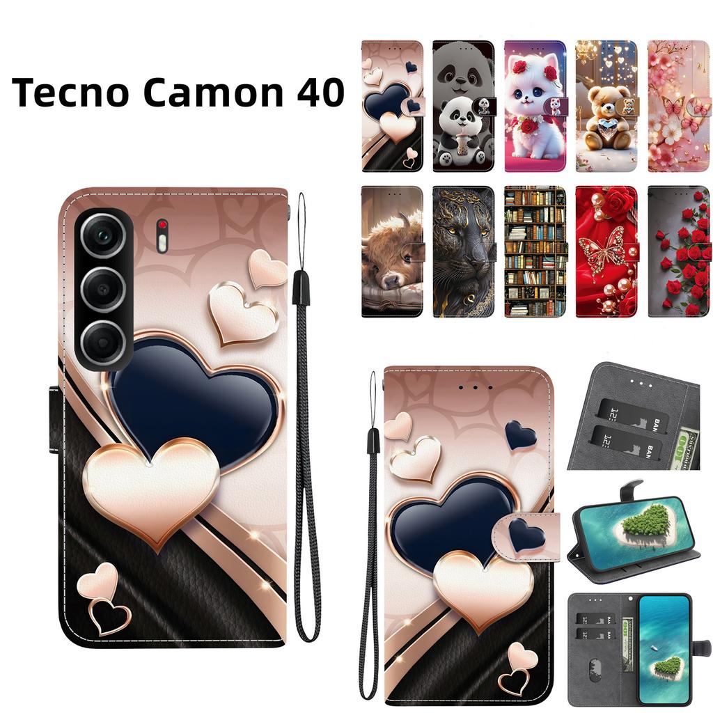 Handgefertigte PU-Leder-Klapphülle für Tecno Camon 40, rutschfeste, stoßfeste Hülle mit Handschlaufe und Herz-/Rosen-/Katzen-Designs