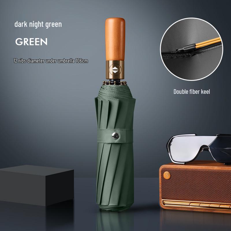 24-ribbigt automatiskt öppnande paraply med trähandtag i XL-storlek, vindtätt, svart solskyddsparaply för män och kvinnor, dubbelanvändning för soliga/regniga dagar