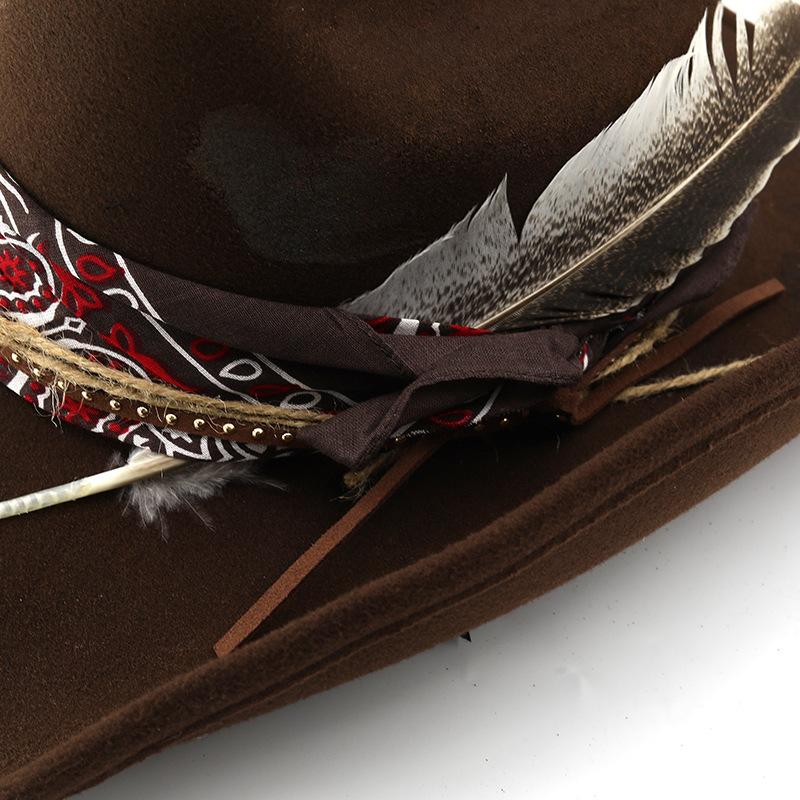 Hot fire retro old style western cowboy hat fashion men's and women's wool outdoor big feather warped edge felt hat